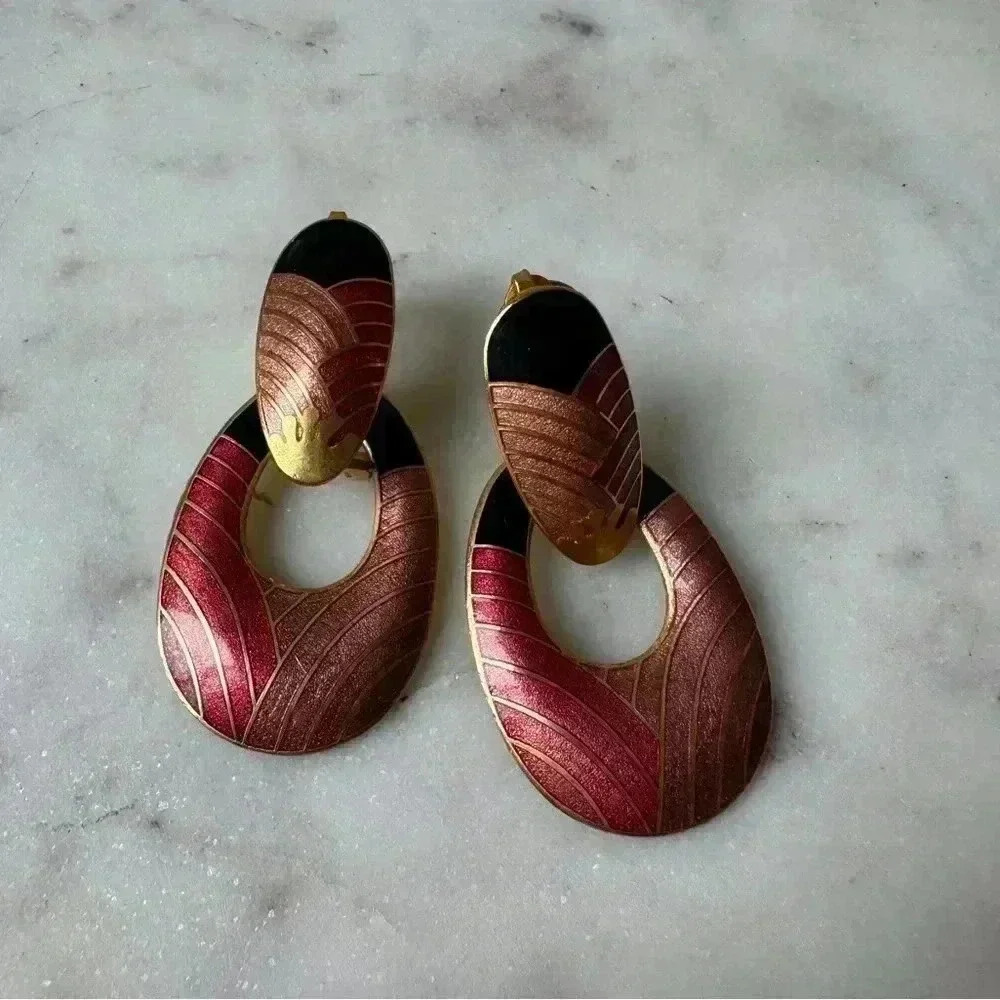 Vintage‎ Dangle Long Pierced Black Red Gold Enamel Geometric Print Earrings